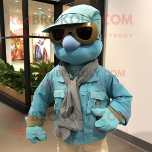 Teal Commando mascot costume character dressed with a Chambray Shirt and Scarves