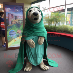 Green Sea Lion mascot costume character dressed with a Capri Pants and Shawl pins