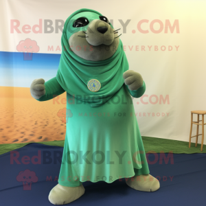 Green Sea Lion mascot costume character dressed with a Capri Pants and Shawl pins