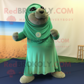 Green Sea Lion mascot costume character dressed with a Capri Pants and Shawl pins