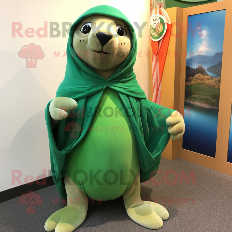 Green Sea Lion mascot costume character dressed with a Capri Pants and Shawl pins