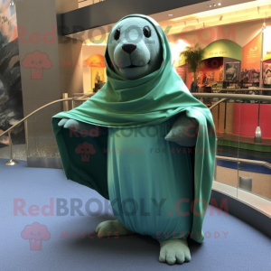 Green Sea Lion mascot costume character dressed with a Capri Pants and Shawl pins