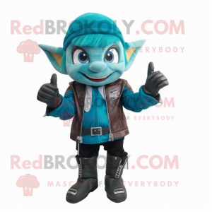 Turquoise Elf mascot costume character dressed with a Biker Jacket and Mittens
