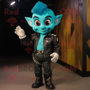 Turquoise Elf mascot costume character dressed with a Biker Jacket and Mittens