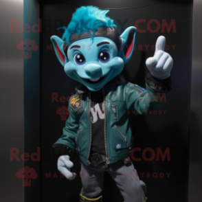 Turquoise Elf mascot costume character dressed with a Biker Jacket and Mittens