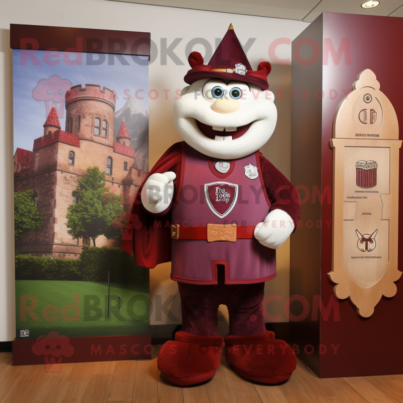 Maroon Irish Castle mascot costume character dressed with a T-Shirt and Ties Maroon Irish Castle mascot costume character dressed with a T-Shirt and Ties