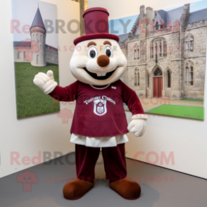 Maroon Irish Castle mascot costume character dressed with a T-Shirt and Ties
