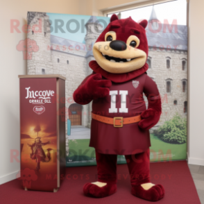 Maroon Irish Castle mascot costume character dressed with a T-Shirt and Ties