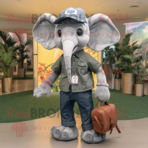 Gray Elephant mascot costume character dressed with a Mom Jeans and Messenger bags