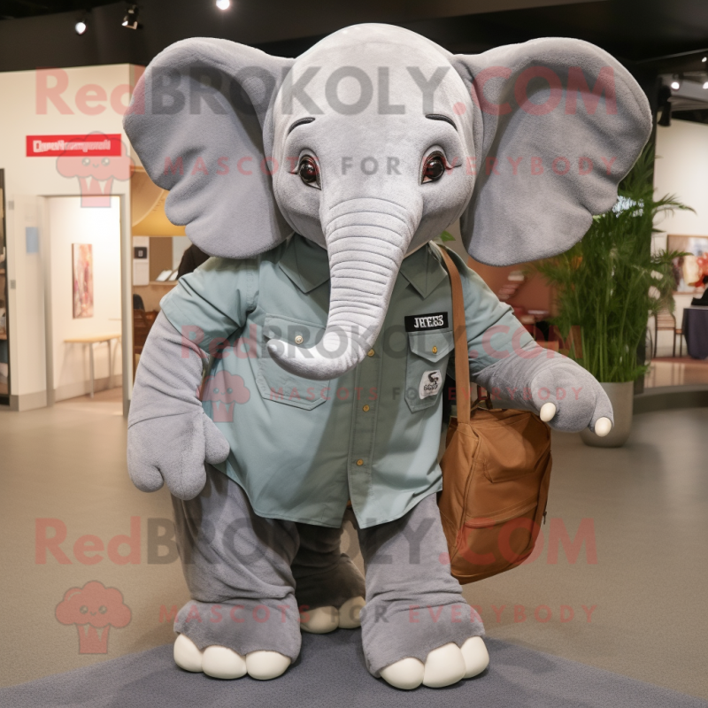 Gray Elephant mascot costume character dressed with a Mom Jeans and Messenger bags