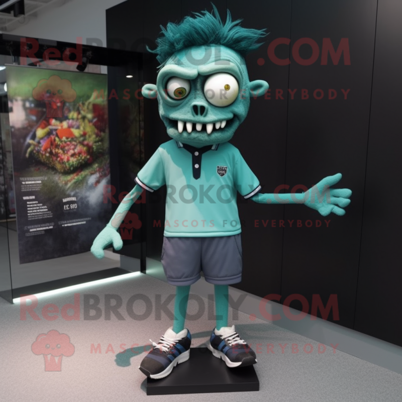 Teal Zombie mascot costume character dressed with a Polo Shirt and Anklets