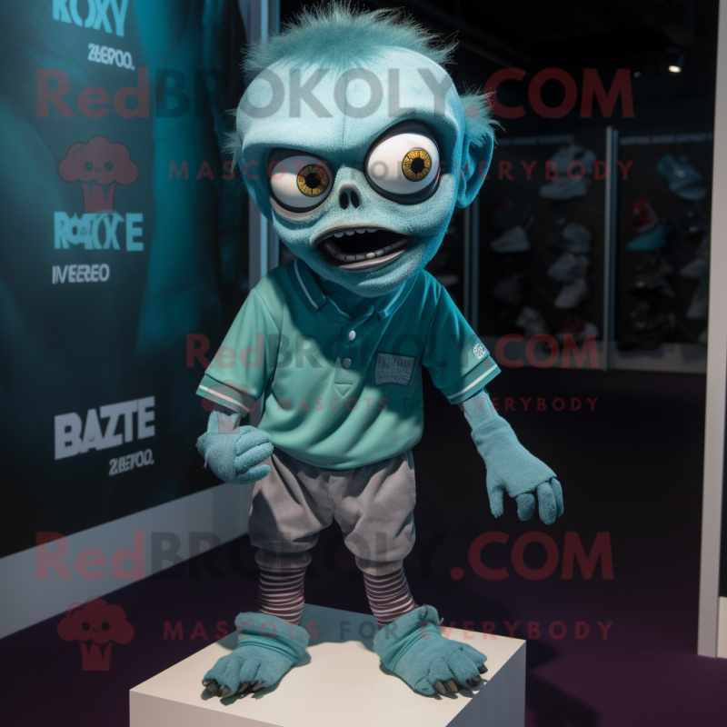 Teal Zombie mascot costume character dressed with a Polo Shirt and Anklets