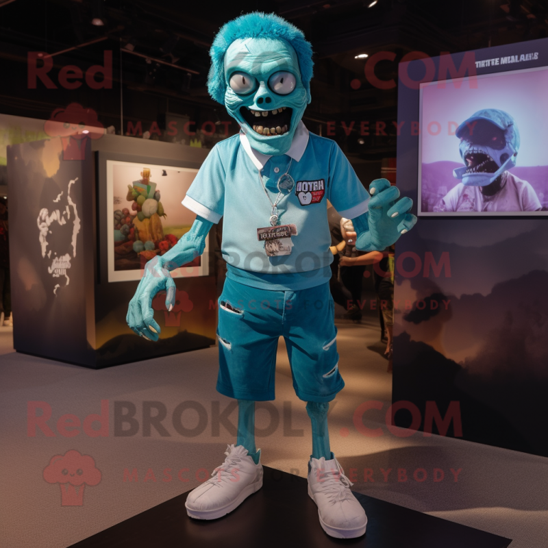 Teal Zombie mascot costume character dressed with a Polo Shirt and Anklets