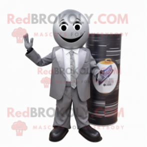 Gray Soda Can mascot costume character dressed with a Suit and Bracelets