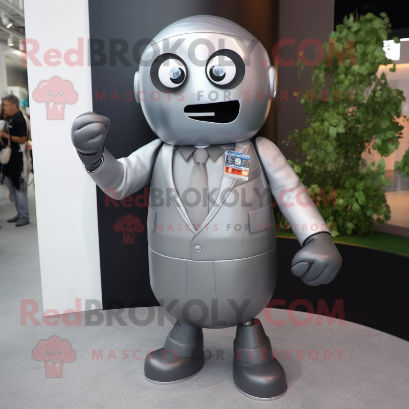 Gray Soda Can mascot costume character dressed with a Suit and Bracelets