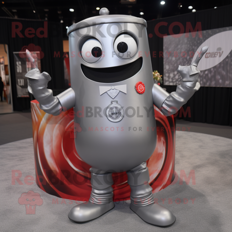 Gray Soda Can mascot costume character dressed with a Suit and Bracelets