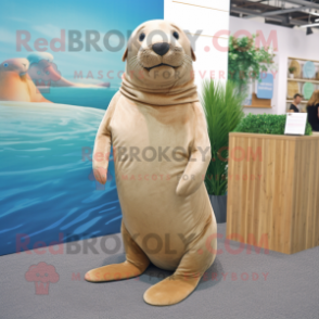 Beige Sea Lion mascot costume character dressed with a V-Neck Tee and Earrings