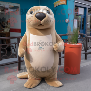 Beige Sea Lion mascot costume character dressed with a V-Neck Tee and Earrings