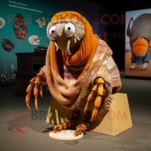 Brown Hermit Crab mascot costume character dressed with a Sweater and Shawls