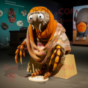 Brown Hermit Crab mascot costume character dressed with a Sweater and Shawls