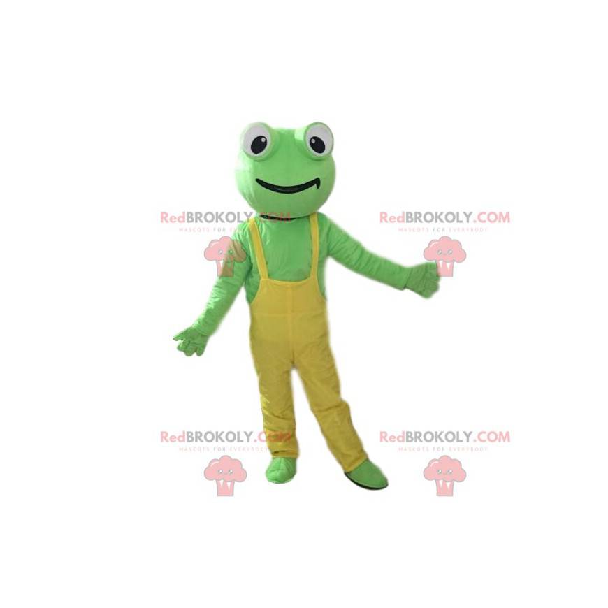 Mascotte de grenouille verte avec une salopette jaune -