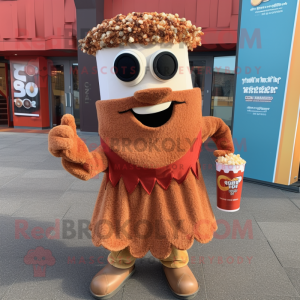 Rust Pop Corn mascot costume character dressed with a Cover-up and Belts