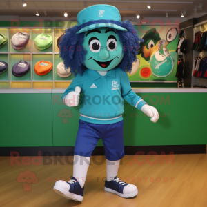 Cyan Irish Dancing Shoes mascot costume character dressed with a Polo Shirt and Caps