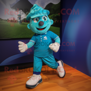 Cyan Irish Dancing Shoes mascot costume character dressed with a Polo Shirt and Caps