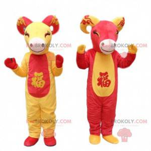 2 maskotki czerwonych i żółtych kóz, kostiumy kozy -