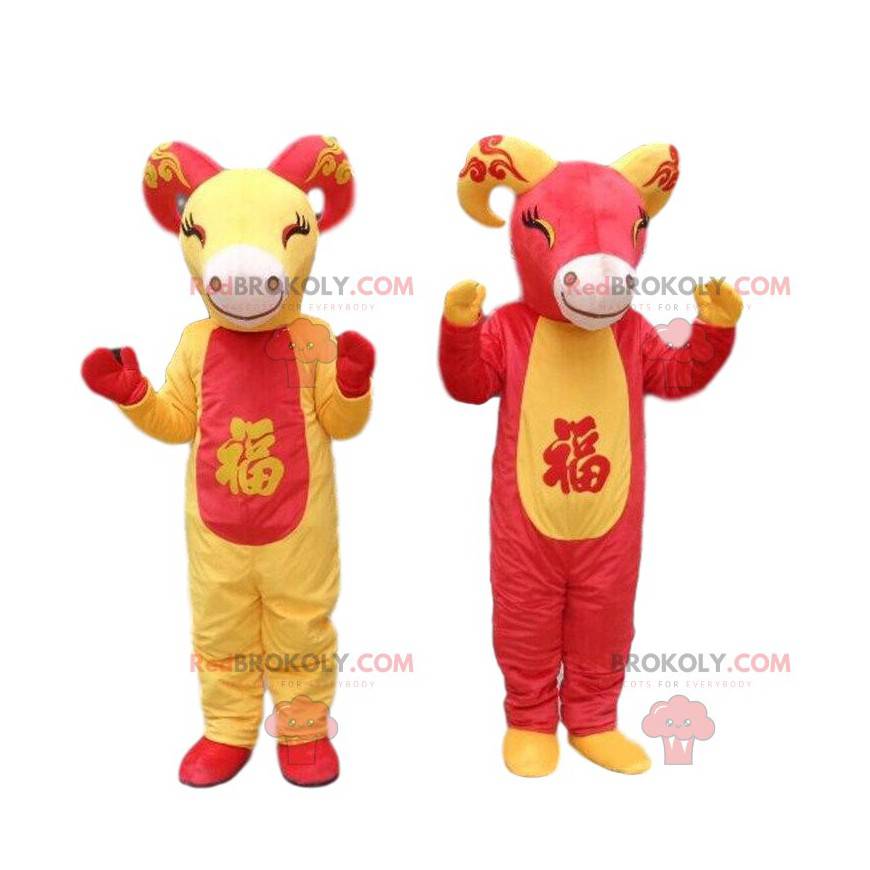 2 mascots of red and yellow goats, goat costumes -