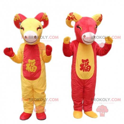 2 mascots of red and yellow goats, goat costumes -