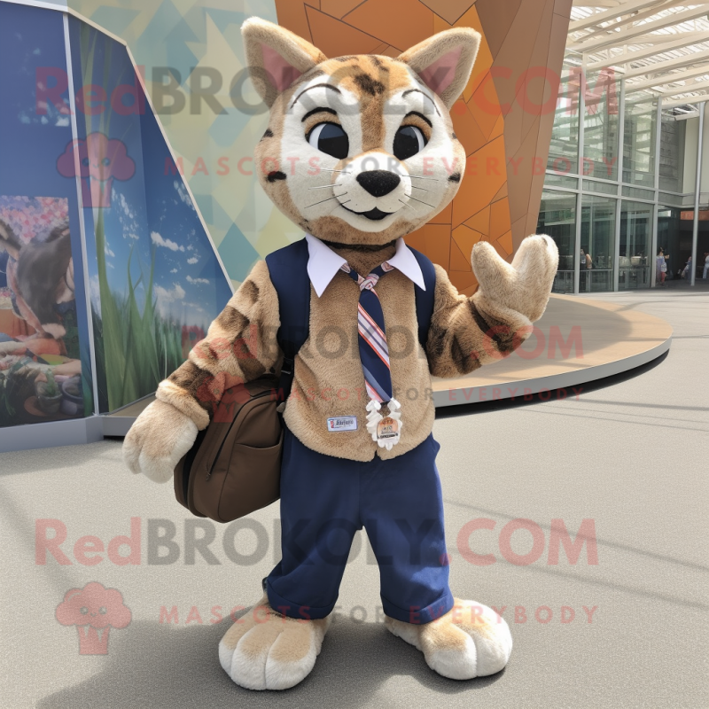 nan Bobcat mascot costume character dressed with a Henley Shirt and Messenger bags