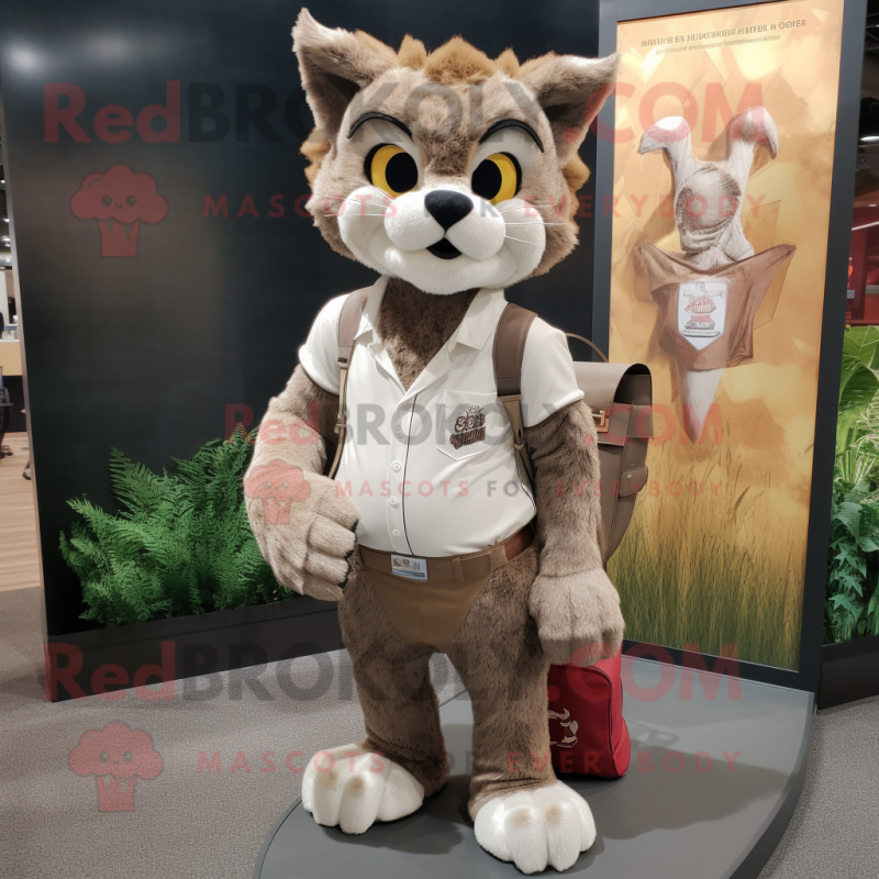 nan Bobcat mascot costume character dressed with a Henley Shirt and Messenger bags