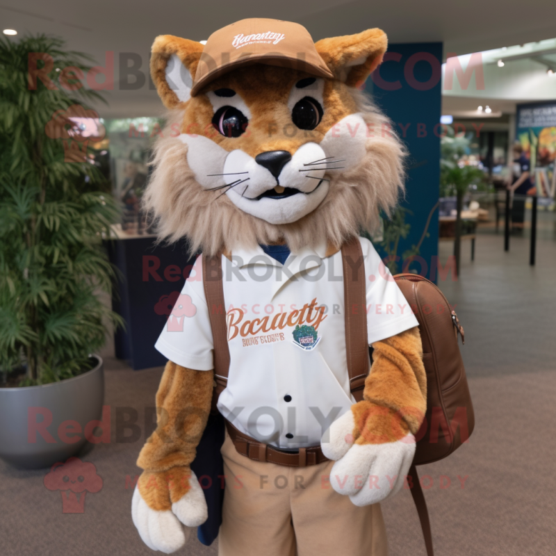 nan Bobcat mascot costume character dressed with a Henley Shirt and Messenger bags