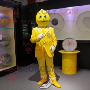 Lemon Yellow Magician mascot costume character dressed with a Oxford Shirt and Shoe laces