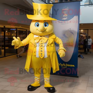 Lemon Yellow Magician mascot costume character dressed with a Oxford Shirt and Shoe laces