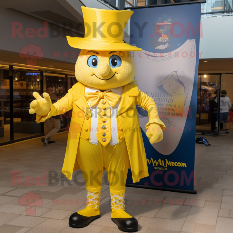 Lemon Yellow Magician mascot costume character dressed with a Oxford Shirt and Shoe laces