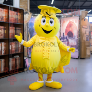 Lemon Yellow Magician mascot costume character dressed with a Oxford Shirt and Shoe laces