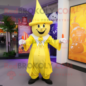 Lemon Yellow Magician mascot costume character dressed with a Oxford Shirt and Shoe laces