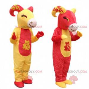 2 mascots of red and yellow goats, goat costumes -