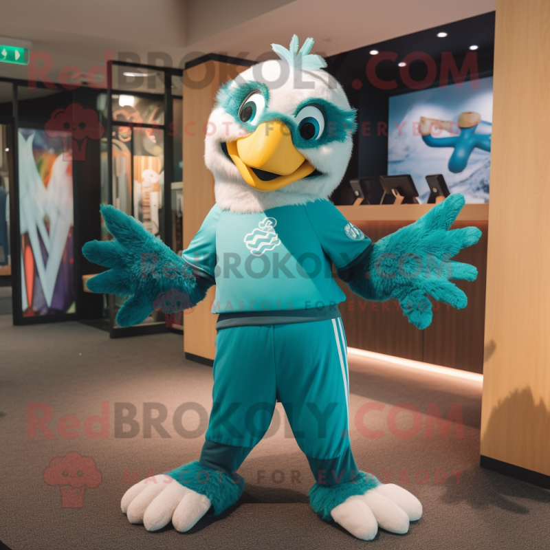 Turquoise Eagle mascot costume character dressed with a Joggers and Cufflinks Turquoise Eagle mascot costume character dressed with a Joggers and Cufflinks