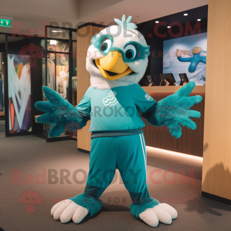 Turquoise Eagle mascot costume character dressed with a Joggers and Cufflinks