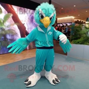 Turquoise Eagle mascot costume character dressed with a Joggers and Cufflinks