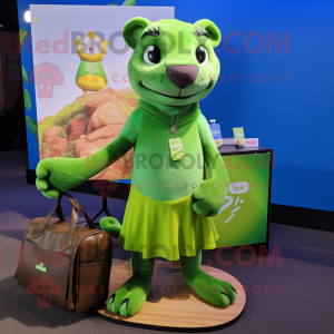 Lime Green Jaguarundi mascot costume character dressed with a Mini Dress and Wallets