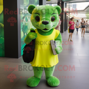 Lime Green Jaguarundi mascot costume character dressed with a Mini Dress and Wallets