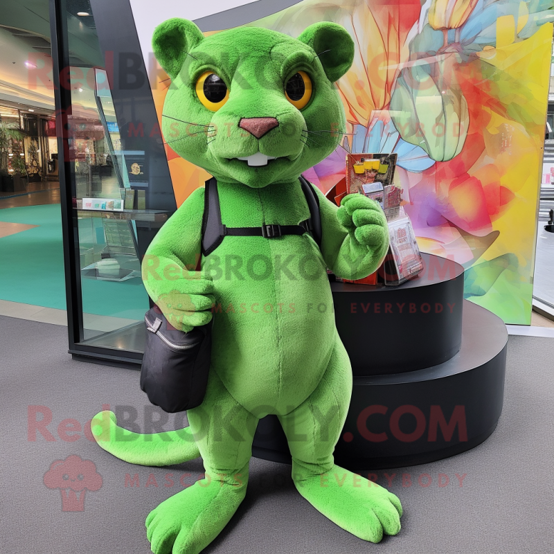 Lime Green Jaguarundi mascot costume character dressed with a Mini Dress and Wallets Lime Green Jaguarundi mascot costume character dressed with a Mini Dress and Wallets