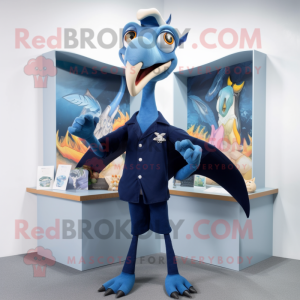 Navy Pterodactyl mascot costume character dressed with a Shorts and Earrings