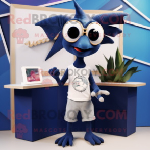 Navy Pterodactyl mascot costume character dressed with a Shorts and Earrings