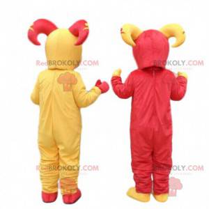 2 mascots of red and yellow goats, goat costumes -