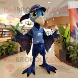 Navy Pterodactyl mascot costume character dressed with a Shorts and Earrings